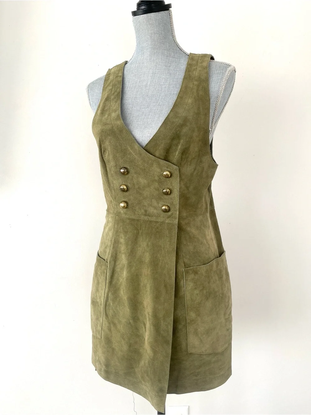 Free People Stevie Mini Dress Olive Green Suede Double-Breasted Sz 6 Military